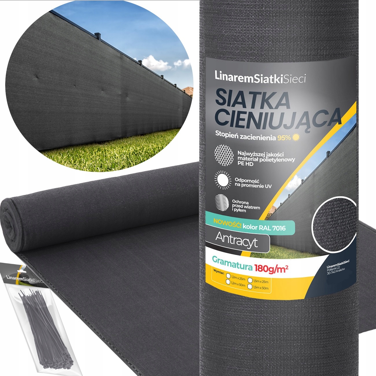 Tieniaca sieť Linarem SiatkiSieci 95% 1,2x25 m antracit